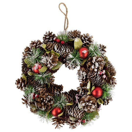 Northlight; Northlight 13.5" Unlit Frosted Pinecones, Ball Ornaments and Pine Needles Small Artificial Christmas Wreath; Category:Decorated Wreaths; Image:1